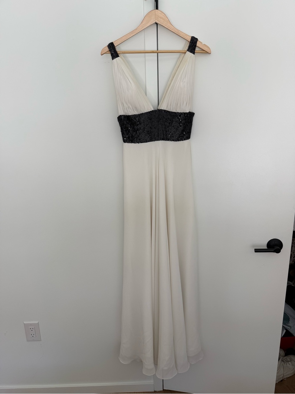 Ivory and Black Sequin Empire-Waist Evening Gown